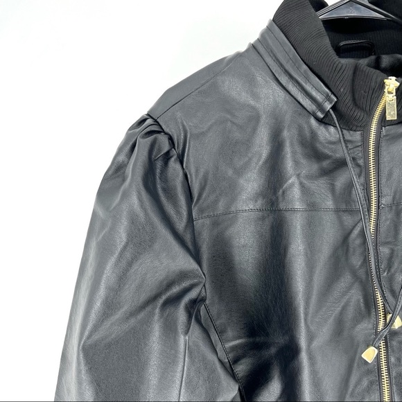 New Look Women's Faux Leather Puff Sleeve Full Zip Jacket w/ Drawstrings - Picture 2 of 7